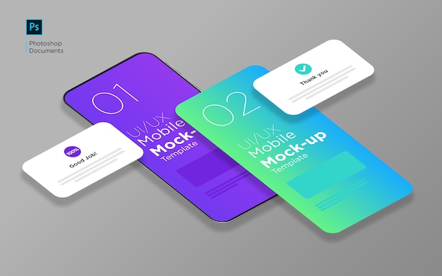 Mobile app tow screen con popup isometrico mockup design