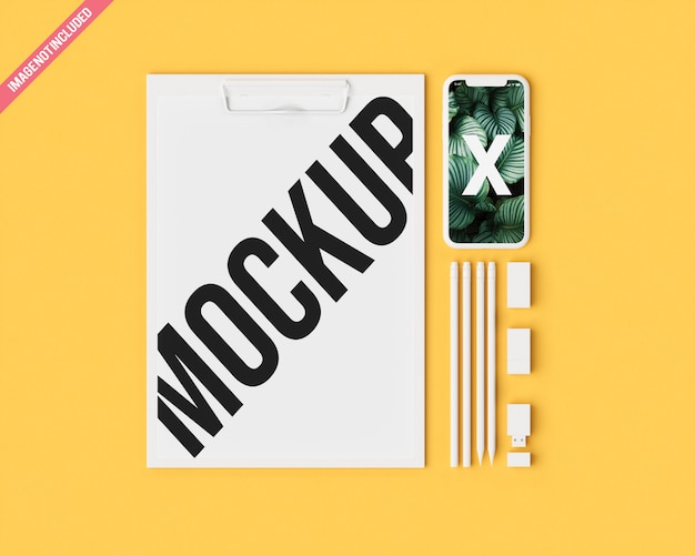 PSD mobile mockup with office set