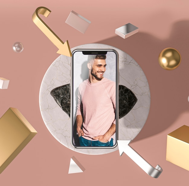 PSD telefono cellulare 3d mock-up con l'uomo della moda