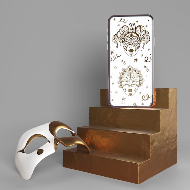 PSD telefono cellulare app carnevale mock-up e maschera con scale