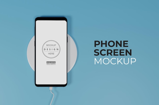 Mobile phone in charger mockup on light blue background