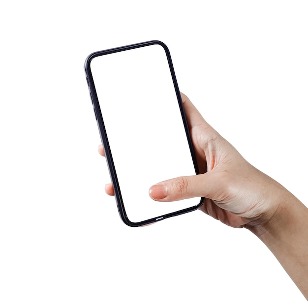 空白の白い携帯電話のモックアップで隔離された画面上のコピー スペースを持つ携帯電話を手に