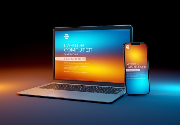 Dispositivi per telefoni cellulari e laptop su dark mockup