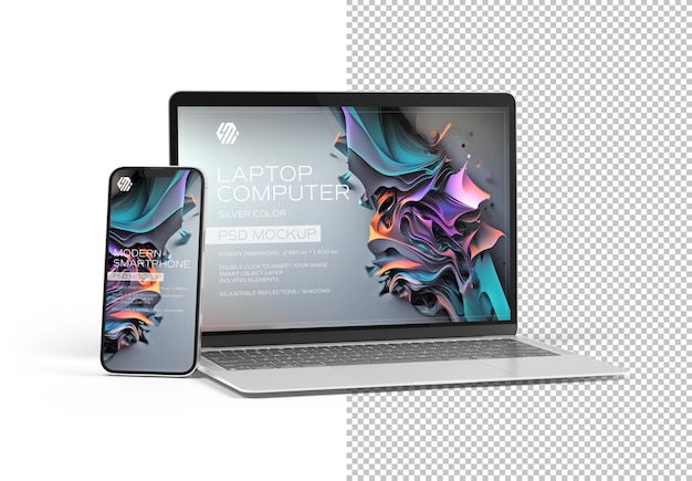 Mobile phone and laptop on transparent background Mockup