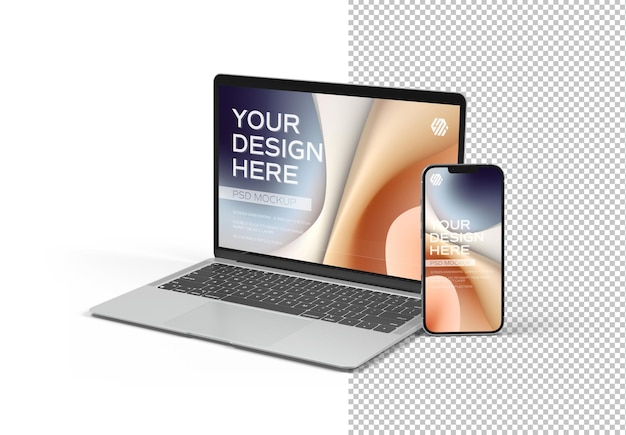 Telefono cellulare e laptop su sfondo trasparente mockup