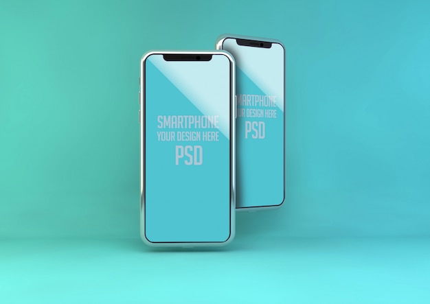 Mobile phone mock up on blue pastel wall