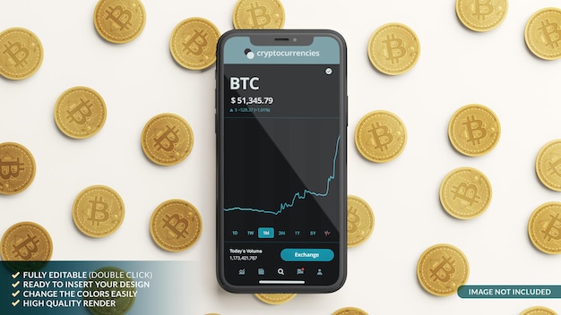 Mobile phone mockup and some bitcoins in 3D rendering