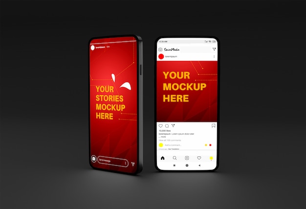 Mobile phone mockup with instagram stories and post template