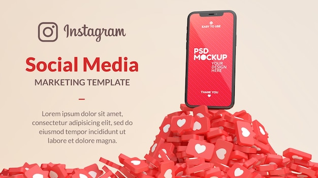 PSD mobile phone mockup with a mountain of instagram like notifications in 3d rendering