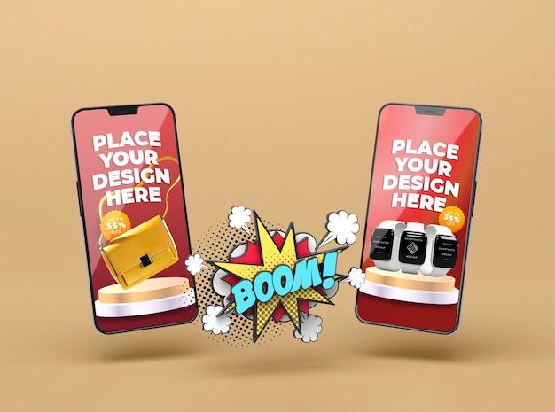 Mobile phone mockup with pop art style design