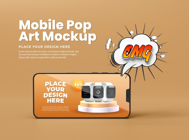 PSD mobile phone mockup with pop art style design