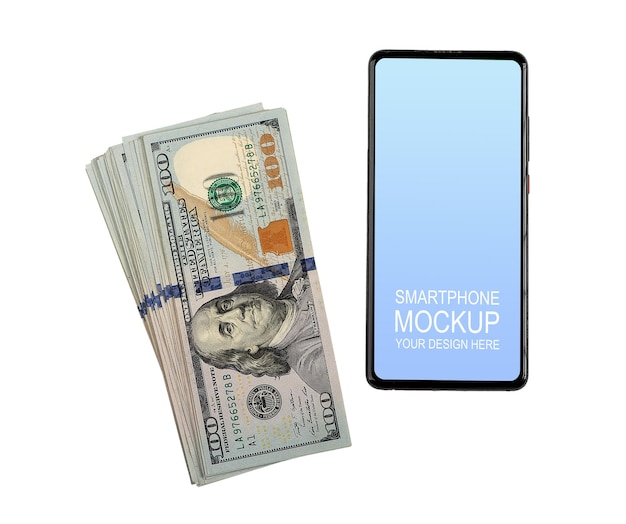携帯電話画面のモックアップと白い背景に分離されたお金のドル 金融アプリのモックアップ