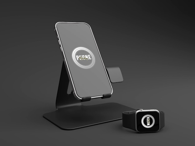 Mobile phone screen with smart watch mockup 3d rendered