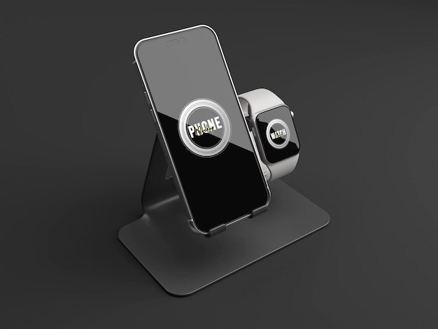 PSD mobile phone screen with smart watch mockup 3d rendered