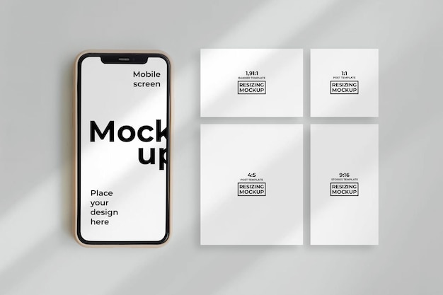PSD mobile phone screen with social media resizing mockup