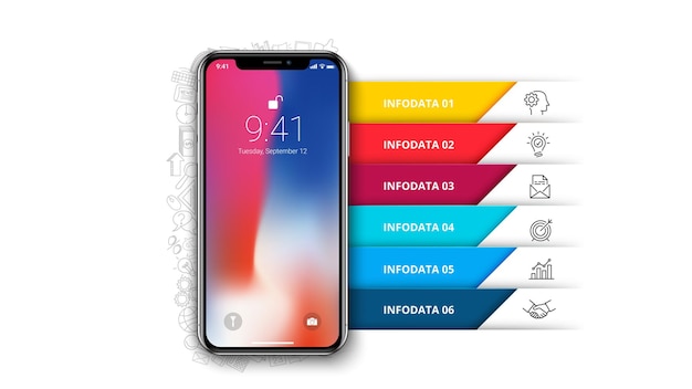 Telefono cellulare con 6 strisce modello infografico con sei opzioni parti passaggi o processi