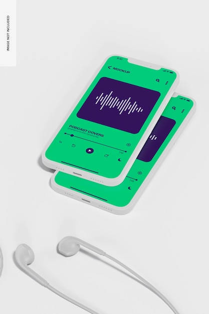 PSD mobile phone with earphones mockup, high angle view