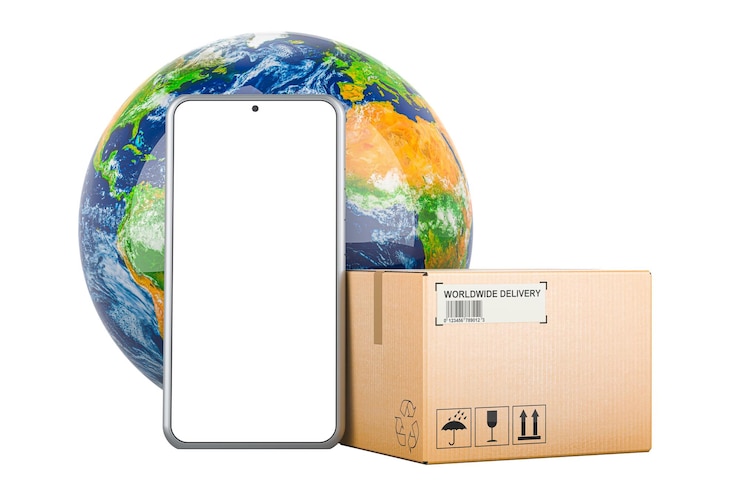 PSD 携帯電話とパッケージとearthglobe グローバル配送と配送コンセプト 透明な背景に隔離された3dレンダリング
