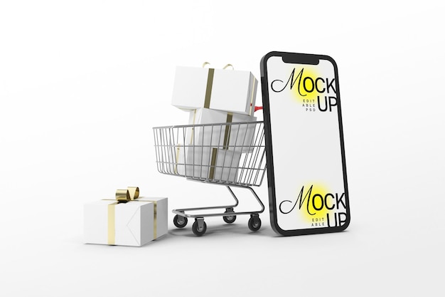 PSD mobile phone with shopping cart mockup template psd design