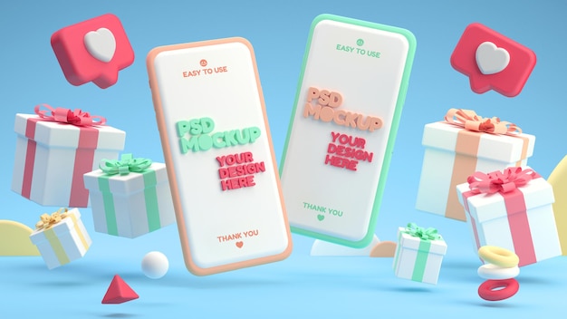 Mobile phones mockup with gift boxes and likes in a minimal 3d cartoon style