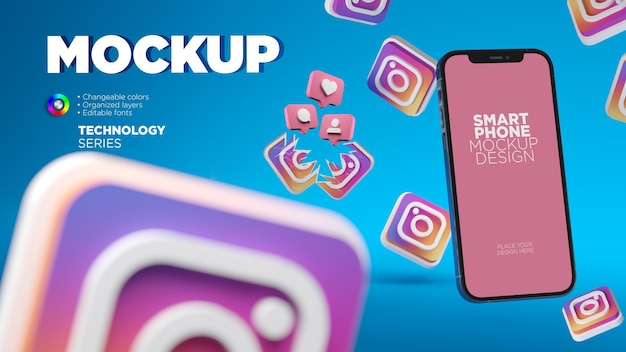 Mockup di schermo mobile con icone di instagram 3d