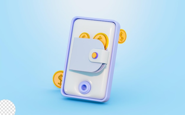 Segno mobile con il concetto di rendering 3d della moneta del dollaro del portafoglio per il conto di risparmio di denaro online