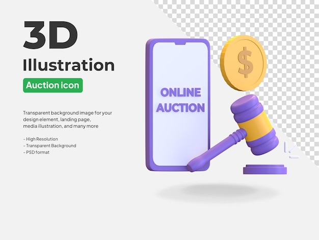 Mobile smartphone auction online site icon 3d rendered illustration