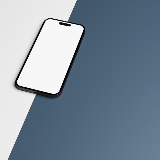 Экран макета мобильного смартфона на сине-белом фоне для презентации пользовательского интерфейса ux под диагональным углом