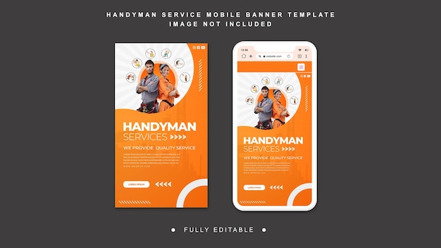 A mobile web page for handyman services with a man and woman on it mobile banner template