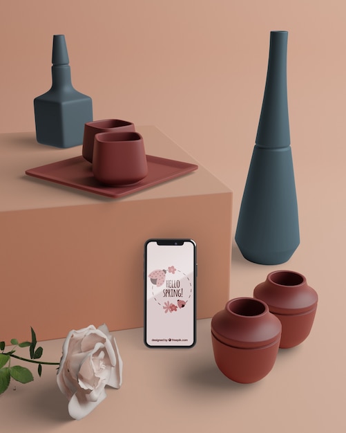 Mock-up decorazioni 3d con il telefono sul tavolo