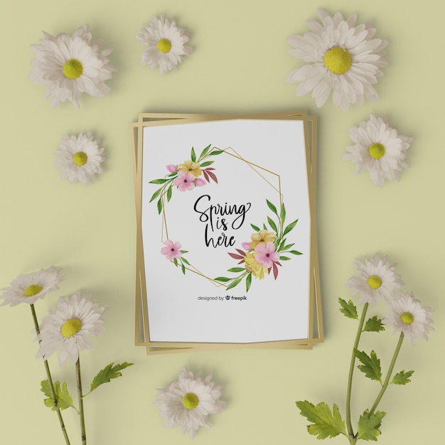 Mock-up 3d flowers on table with spring card