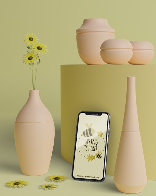 Mock-up 3d vases for flowers with mobile device