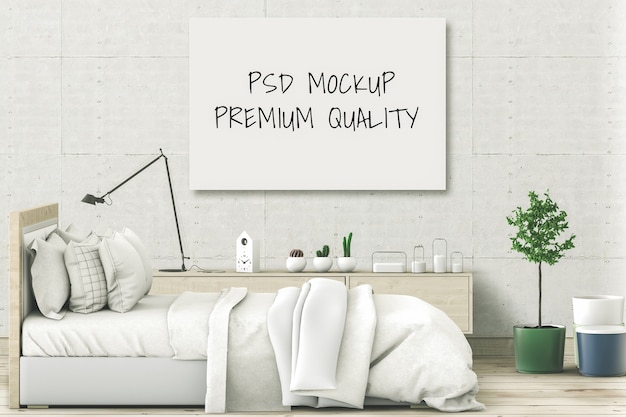 Mock up blank poster interior bed room. 3d render