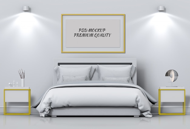 Mock up blank poster interior bed room. 3d render