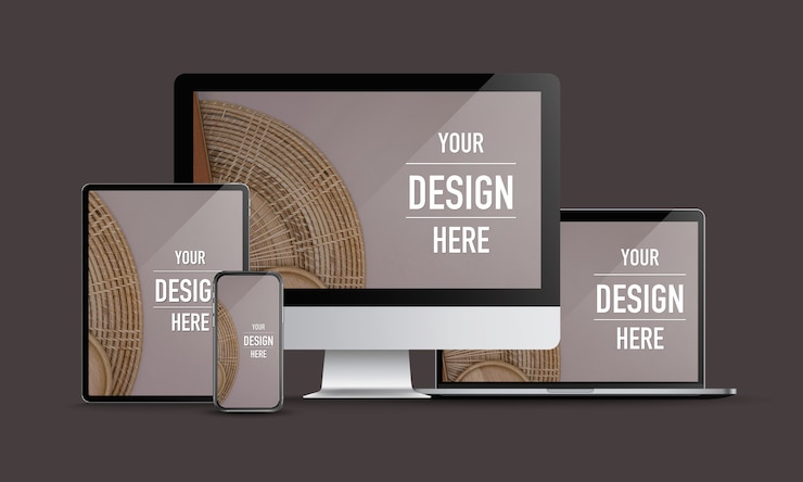 PSD mock up digital devices with desktop computer, laptop, tablet and smartphone
