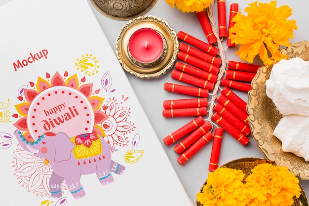 PSD mock-up diwali festival indù elefante e fuochi d'artificio