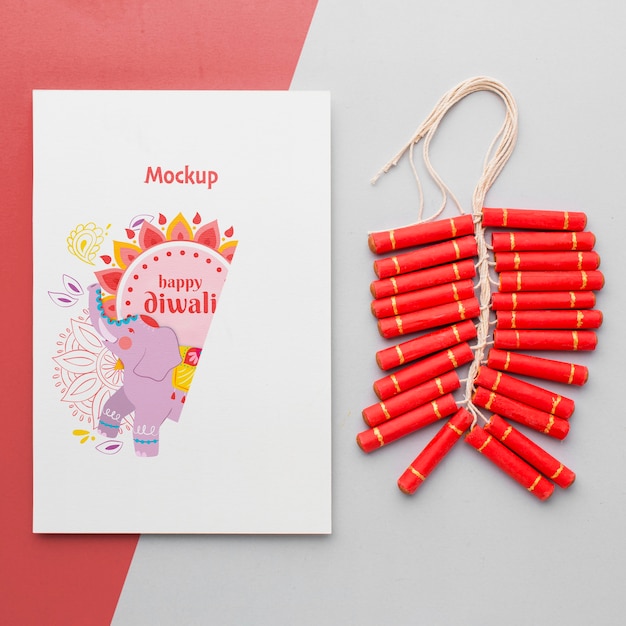 mock-up diwali hindu festival stationery drawing and fireworks