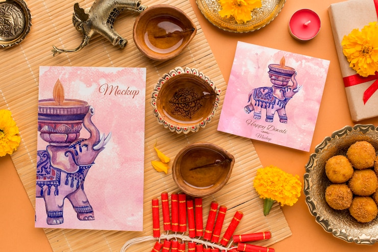 PSD mock-up diwali hindu festival watercolour elehpant arrangement