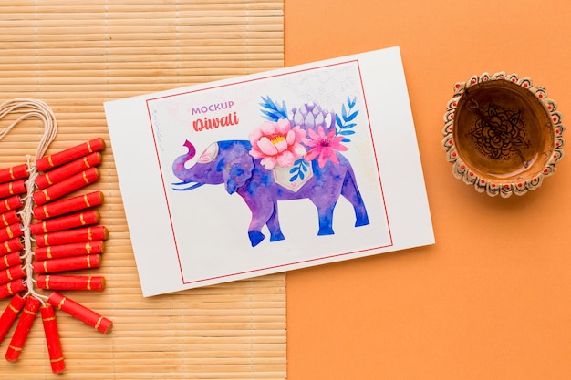 mock-up diwali hindu festival watercolour elehpant top view