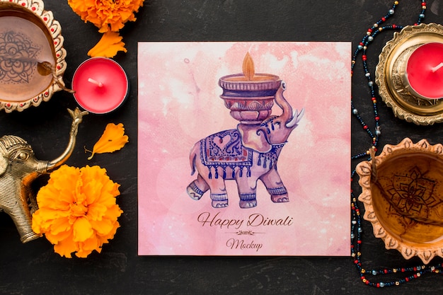 PSD mock-up diwali hindu festival with watercolour elehpant on squared paper