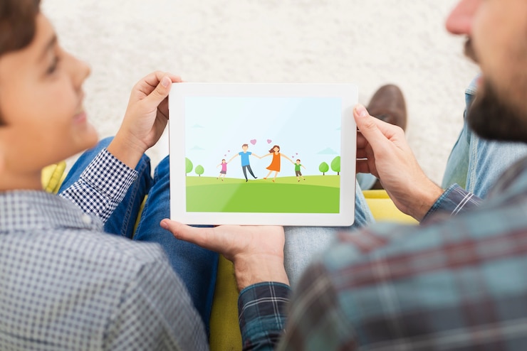PSD mock-up father and son watching on tablet