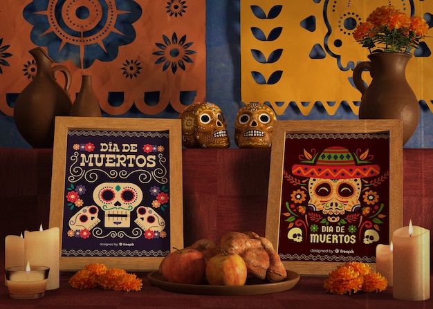 テーブル上のdia de muertosイベントのモックアップフレーム