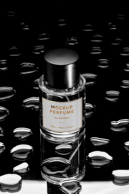 Mock-up of glass bottle of perfume with clear water