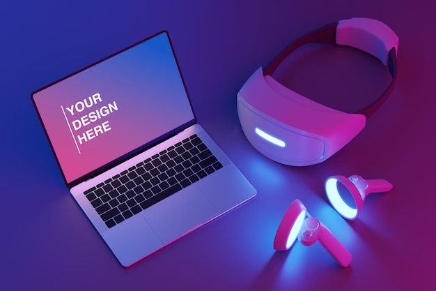 Mock up of a laptop virtual goggles and game controllers 3d render