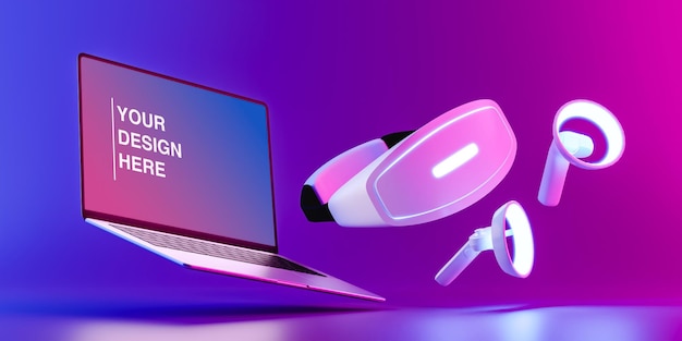 Mock up of a laptop virtual goggles and game controllers flying in the space 3d render