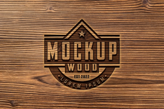 PSD mock-up logo met gegraveerd effect op hout