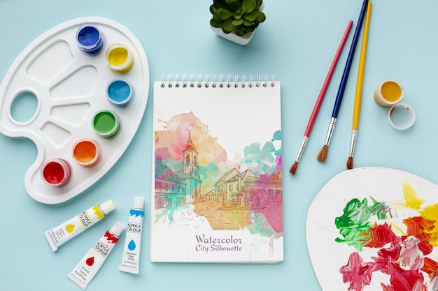 PSD mock-up notebook with watercolors