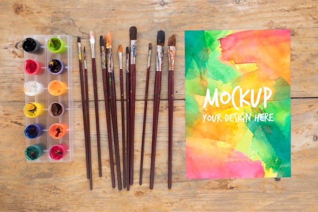 PSD mock-up painting brush collection and watercolors