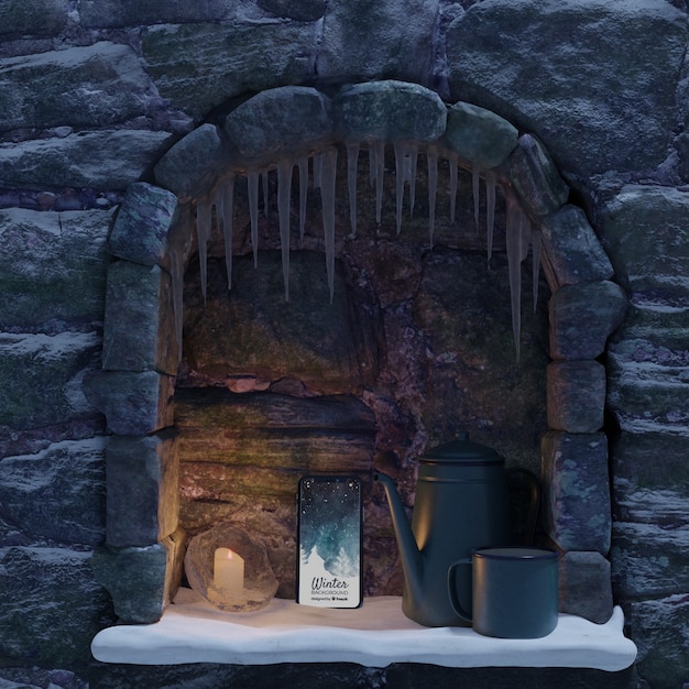 PSD mock-up phone and kettle placed on fireplace