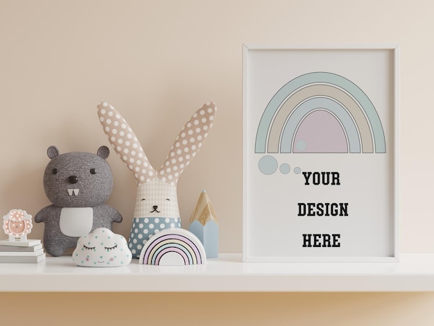 PSD mock up poster in child room interior, poster on empty cream wall, 3d rendering